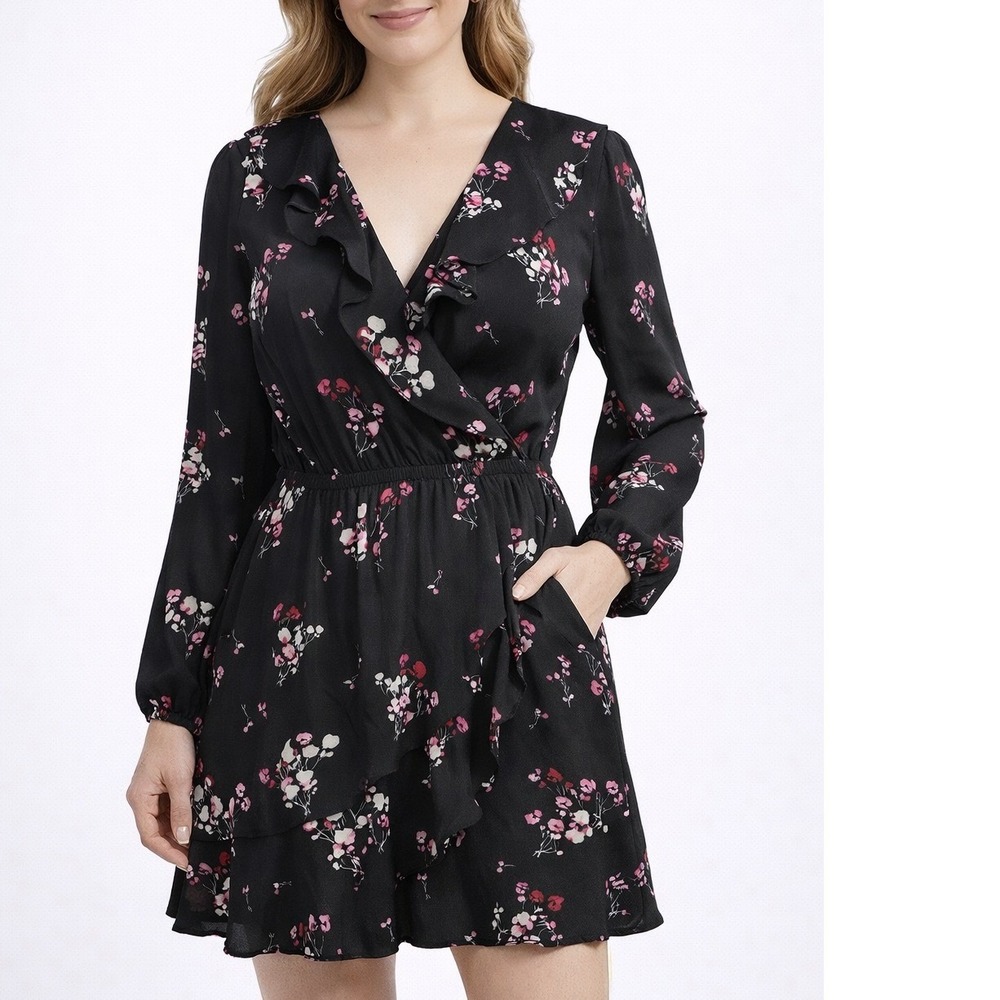 Express Wrap Mini Dress Women's Petite S Black Floral‎ Ruffle Long Sleeve